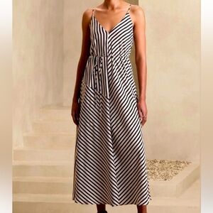 Banana Republic Black and White Striped Maxi Dress with Belt - Size M